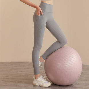 高弹力外穿跑步运动长裤 侧边口袋裸感瑜伽裤 女高腰收腹提臀健身裤