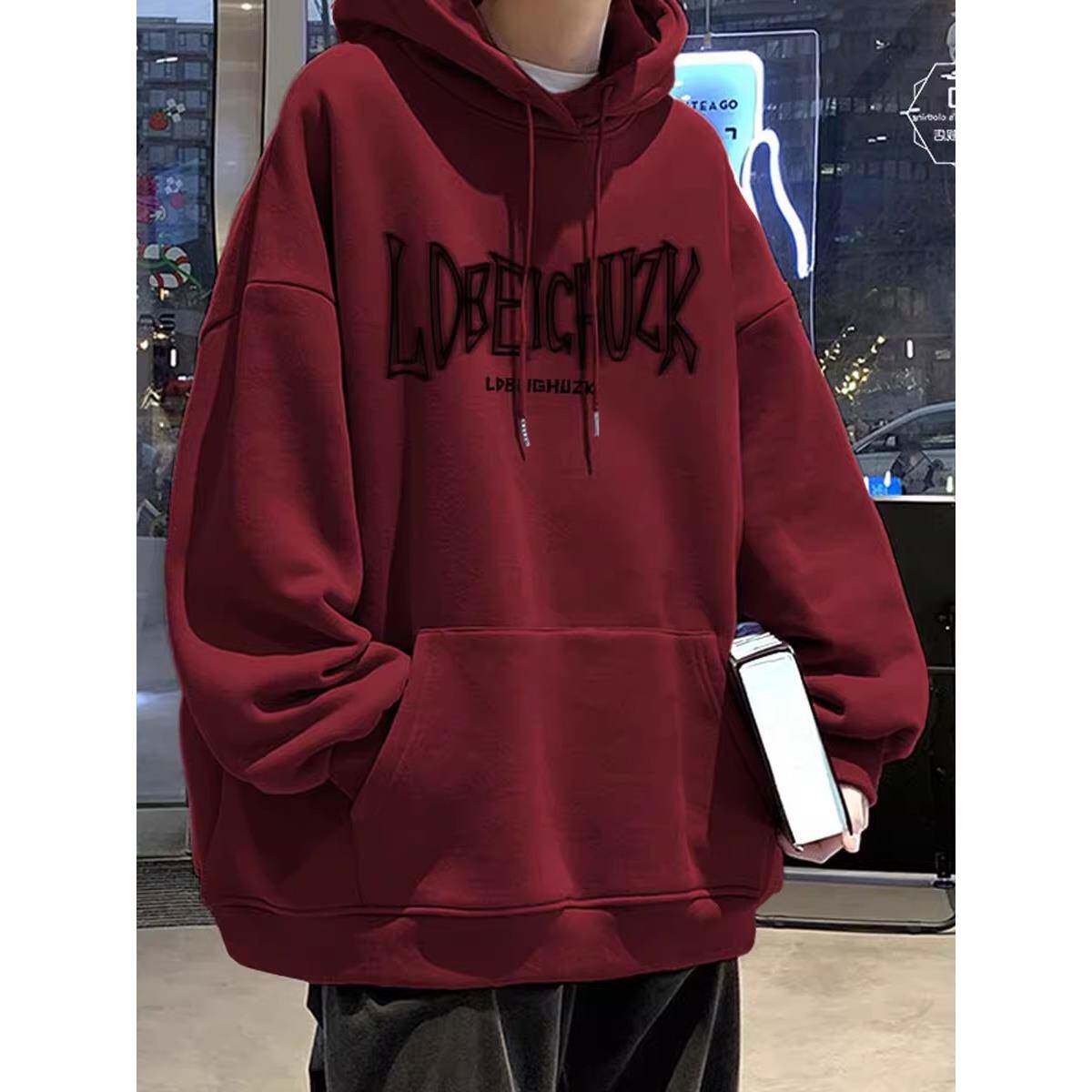 美式酒红色连帽卫衣男生2025春秋薄款秋冬加绒潮牌青少年重磅外套