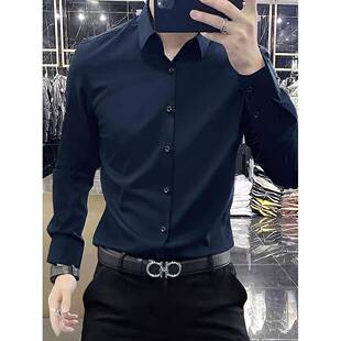 弹力衬衫 衬衫 秋季 纯色长袖 男士 雅痞高档无熨烫休闲商务褶皱修身