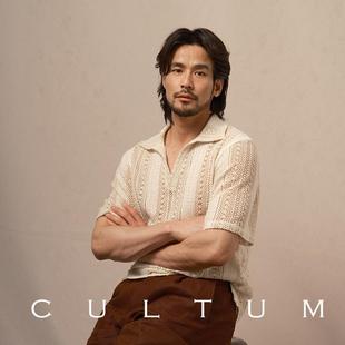 CULTUM纯棉宽松镂空针织polo衫 上衣 男夏短袖 透气休闲复古翻领半袖