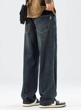 August美式复古直筒牛仔裤男2025新款潮牌休闲宽松阔腿长裤子男裤