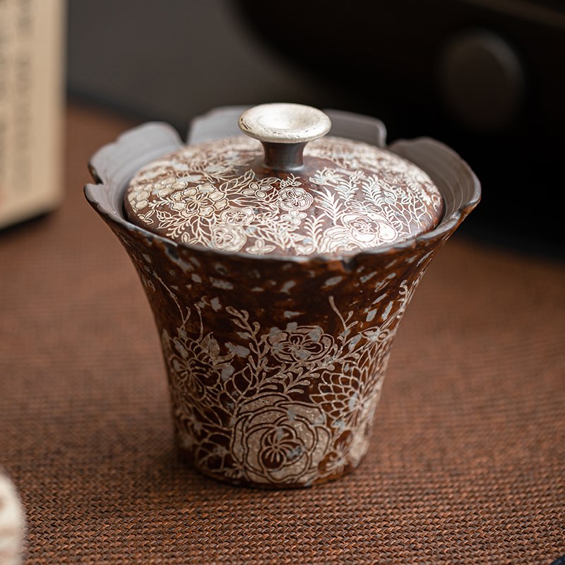 蕴华堂 覆古鎏银老岩泥r二才盖碗家用陶瓷花口泡茶碗功夫茶具单碗