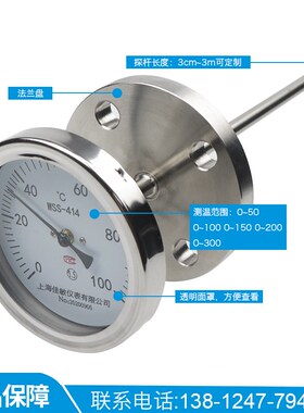 WSS-414法兰式j温度表WSS-441热套式双金属温度计0-100 200度30