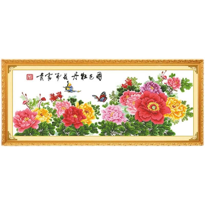带框架已装裱纯手工绣好的十字绣成E品九尺牡丹花开富贵大幅客厅