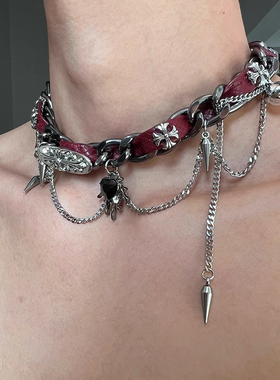 chocker缠绕铆钉金属皮革项圈朋克爱心少女y2k亚文化小众设计项链