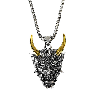 般若金角钛钢项链男潮鬼怪骷髅面具个性嘻哈潮男街头毛衣链吊坠