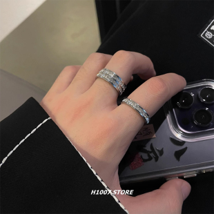 不掉色满钻钛钢指环戒指男士 欧美冷淡嘻哈小众设计感情侣食指戒