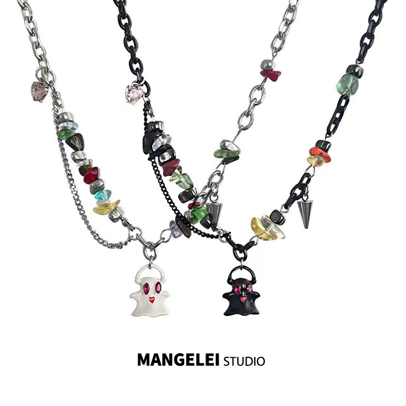 黑白小幽灵串珠拼接项链男款锁骨链女生嘻哈小众设计高级感毛衣链