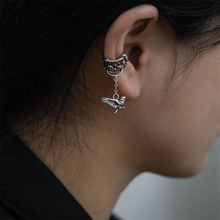 欧美飞鸟耳夹无耳洞男女复古小众设计花朵树叶流苏链条耳骨夹耳饰