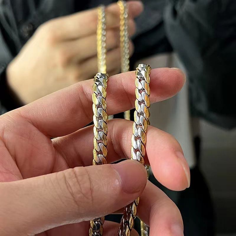 新款压花古巴链钛钢项链男款金色