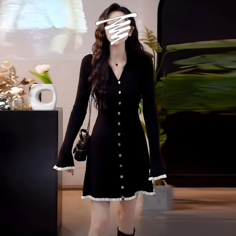外贸出口清仓捡漏大码法式气质黑色针织连衣裙女秋冬胖妹妹修身显