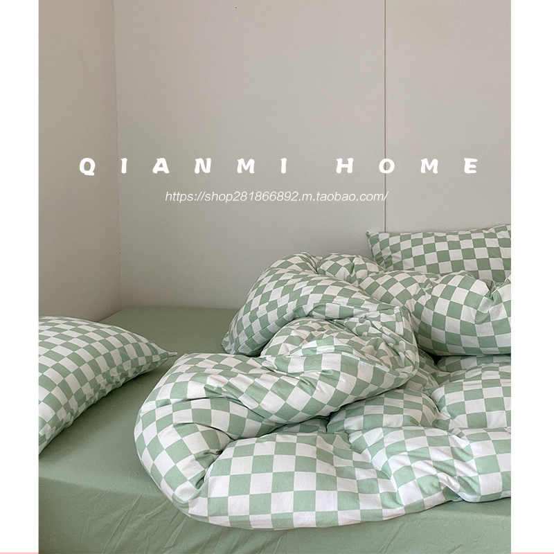 复古棋盘格针织天竺棉四件套春秋A裸睡纯棉亲肤棉被套Y床单床上用