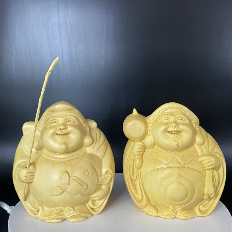 创意黄杨木雕惠比寿大黑天佛门z护法实木雕刻渔老七福神家居装饰
