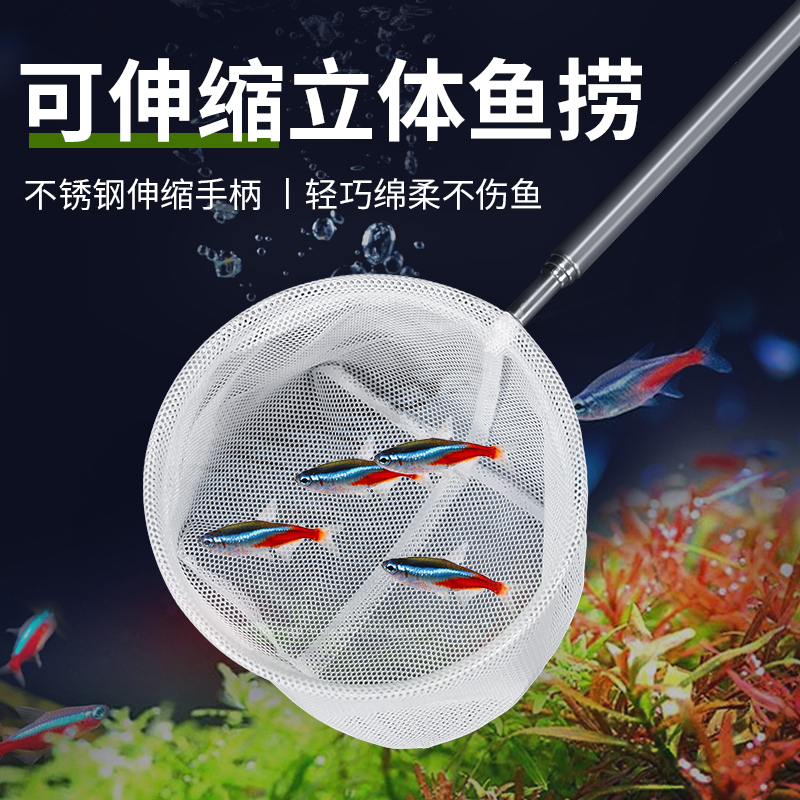 不锈钢可伸缩小号3D渔捞鱼网观赏鱼孔雀鱼斗鱼鱼缸抄网兜密网鱼捞