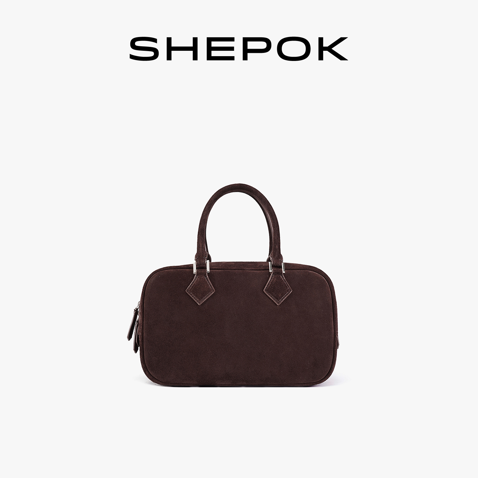 SHEPOK磨砂麂皮复古中古保龄球包牛皮手提公文包通勤波士顿枕头包