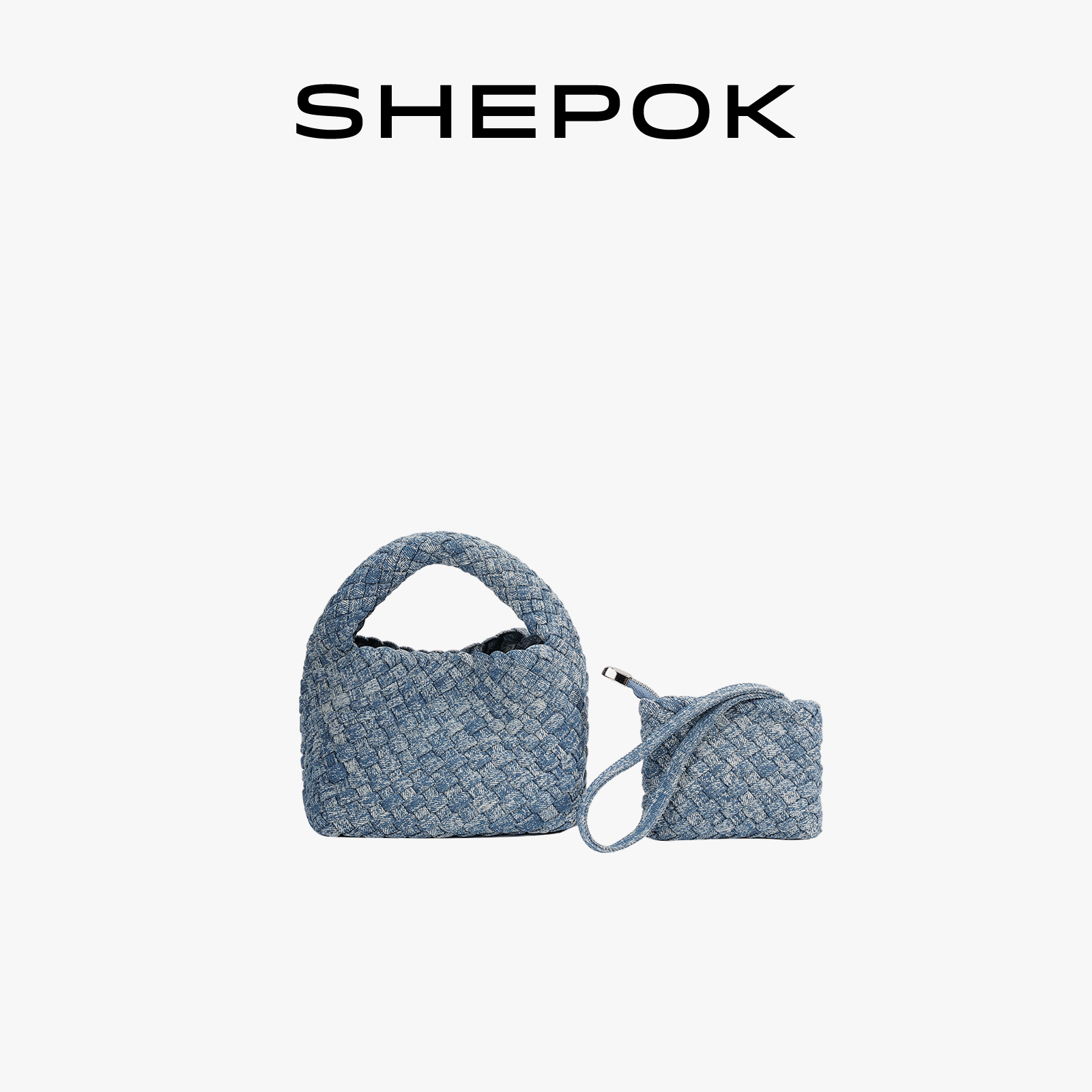 SHEPOK2025新款包包手工编织牛仔托特包水桶包时尚百搭单肩斜挎包