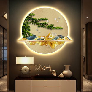 松鹤新中式入户玄幻装饰画v正对门感应灯不规则高级感客厅挂画福