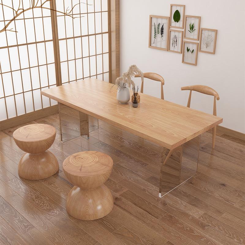 日式家用亚克力实木餐桌餐厅饭店长方形透明桌脚餐桌客厅木墩桌子