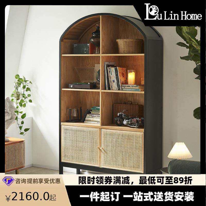 美式藤编双门书架落地多层书本艺术品收纳架黑色实木大容量书柜,机械设备,其他机械设备,淘宝优惠券,粉丝福利购,淘宝优惠卷