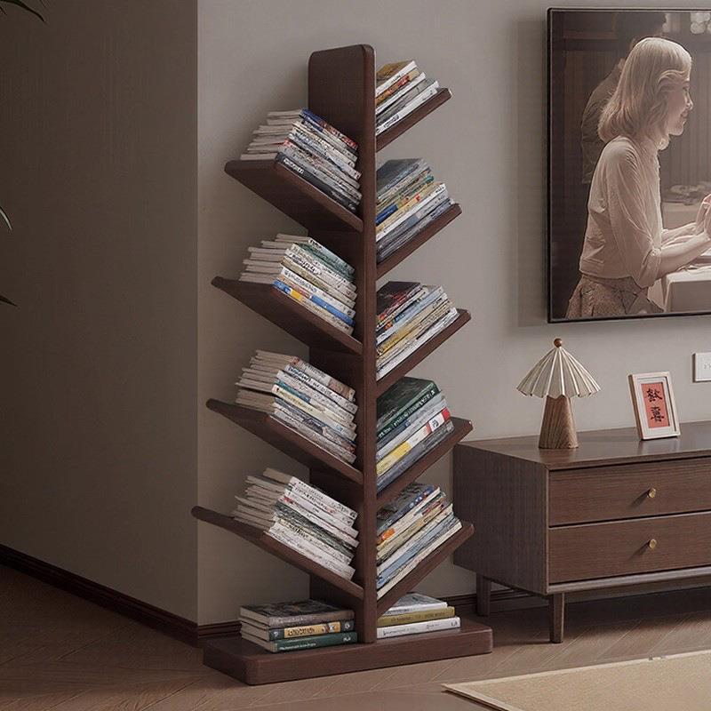 全实木树形书架落地置物架客厅一体靠墙角落儿童书柜转角小书架