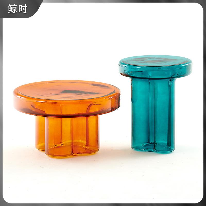 花瓣轻奢高矮组合边几青灰色吹制玻璃茶几透明现代简约创意角茶几