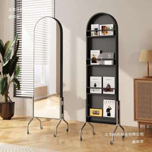 椭圆形中古穿衣镜家用客厅可移动全身镜杂志架旋转高清镜子置物架