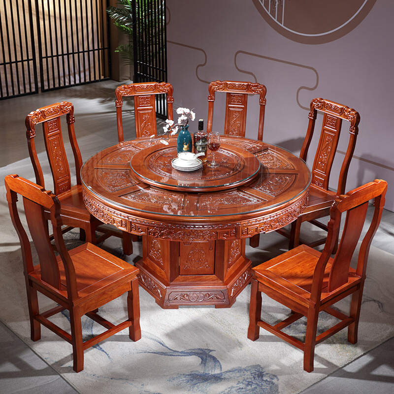 实木餐桌椅组合家用带转盘新中式仿古红木雕花吃饭桌2米2大圆形