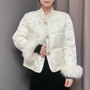 新中式复古风提花棉服外套女冬季2025新款袖毛可拆镶钻金扣上衣潮