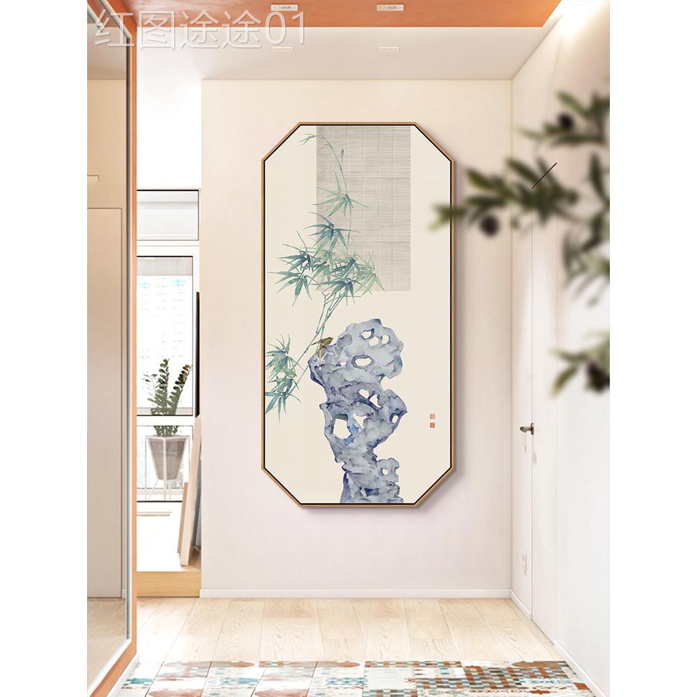 网红来石运转入玄装画太湖石竹子走廊过户道竖版挂画新中关式壁饰