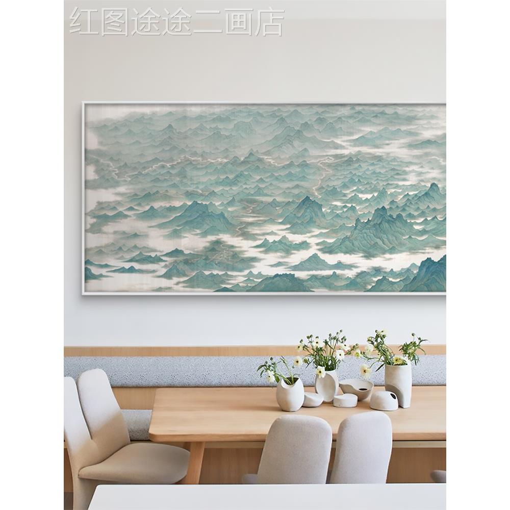 网红酒侘风寂青色山水客玄关装饰新中式茶厅空间民画宿店挂画图片