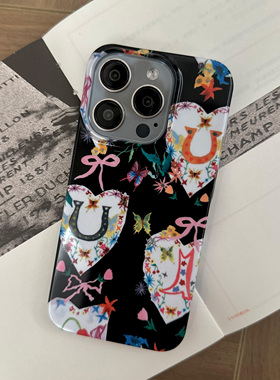 正经萍果iphone15pro手机壳黑色爱心亚文化y2k小众安卓华为mate原创13promax菲林磨砂亮面韩国二合一保护套