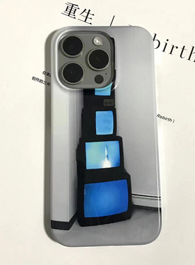 正经萍果iphone15pro手机壳蓝色电视机y2k复古小众高级艺术原创13适用12菲林磨砂亮面韩国二合一苹果16pro