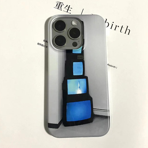 正经萍果iphone15pro手机壳蓝色电视机y2k复古小众高级艺术原创13适用12菲林磨砂亮面韩国二合一苹果16pro