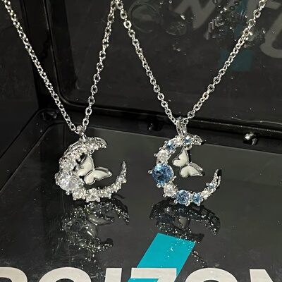 月亮闪钻蝴蝶项链ins小众简约