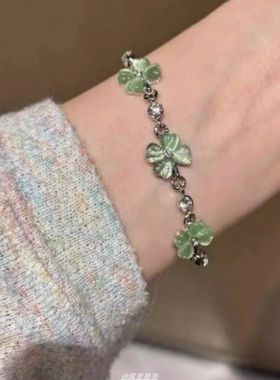 幸运草绿色四叶草猫眼石手链女高级简约小众设计感轻奢气质饰闺蜜