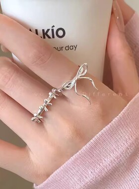 银色丝带蝴蝶结戒指女款潮酷设计感开口可调节食指戒小众清冷感指