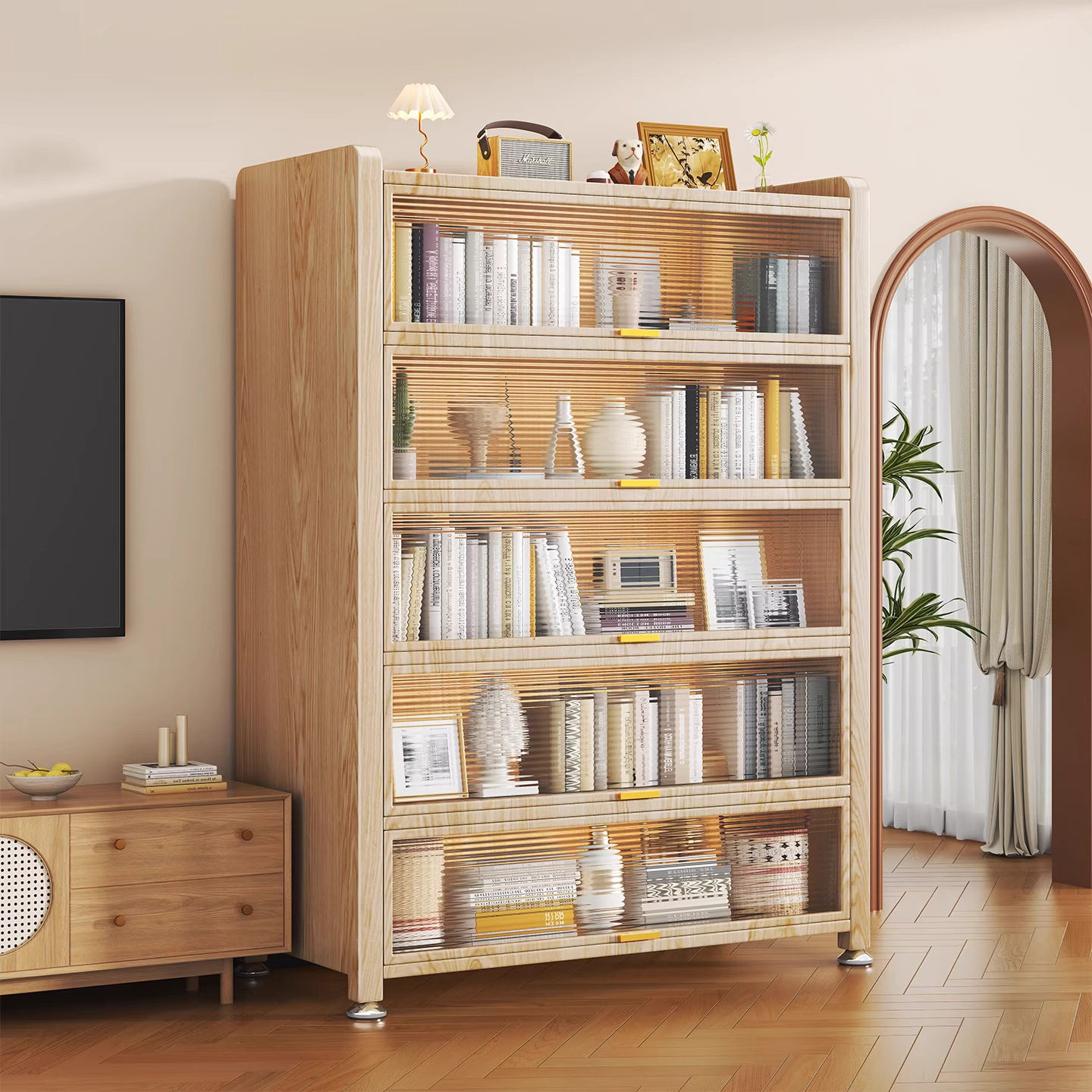 钢制木纹书架中古风带门防尘儿童书柜一体靠墙储物落地置物收纳柜,生活电器,电话配件,淘宝优惠券,粉丝福利购,淘宝优惠卷