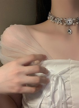 珍珠2023年新款锆石项t链女轻奢小众锁骨链水晶宝石项圈颈链高级