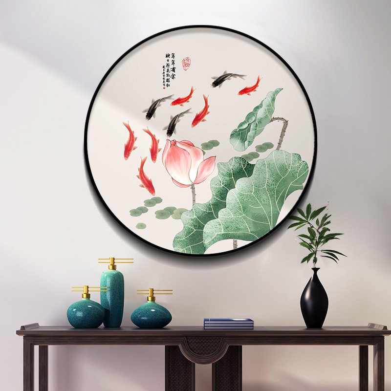 极速九鱼图招g财壁画新中式玄关背景墙装饰画餐厅楼梯圆形挂画年图片