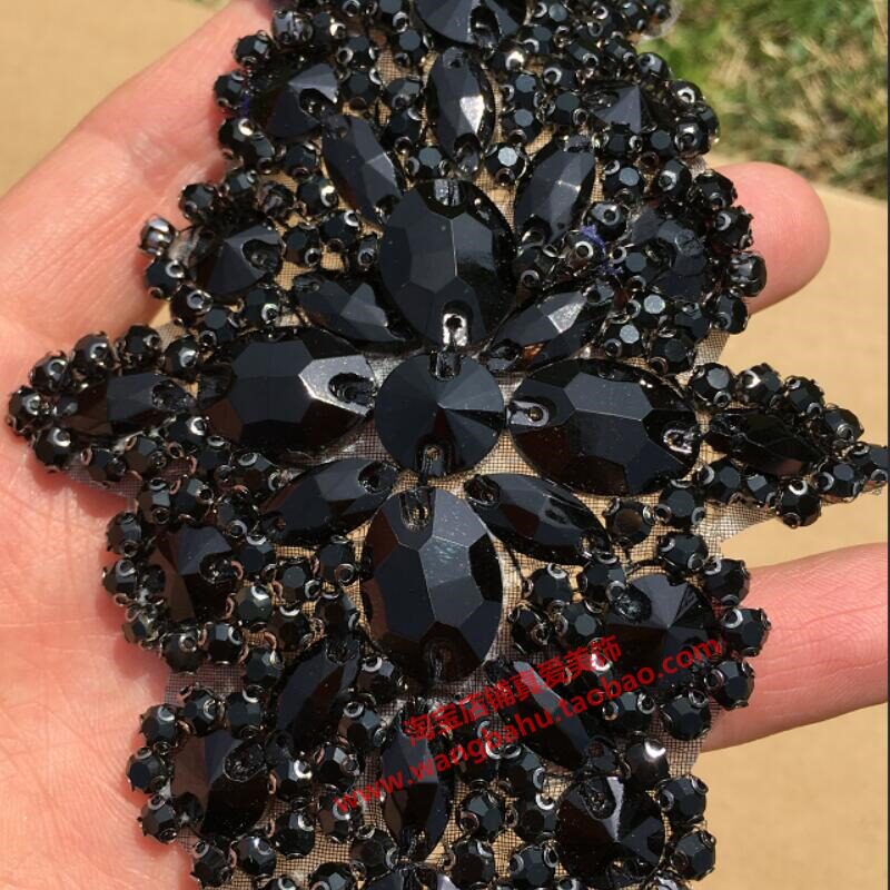 新品矿灰色水钻宝石玻璃钻饰裙子腰部黑J色水钻头饰贴花大衣外套
