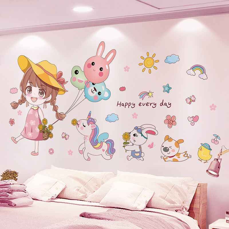 少女卧房床头自粘墙纸公主风童趣软装孩童房间背景墙面装饰贴画