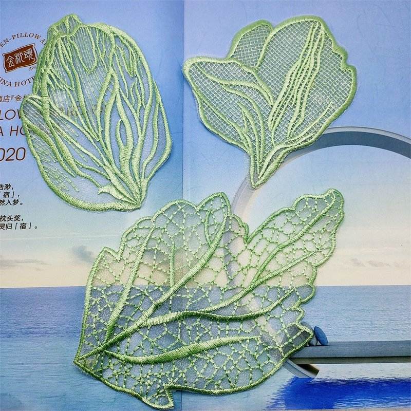 欧根纱绣花绿色蕾丝贴片婚纱礼服精致刺绣花朵装饰辅料件