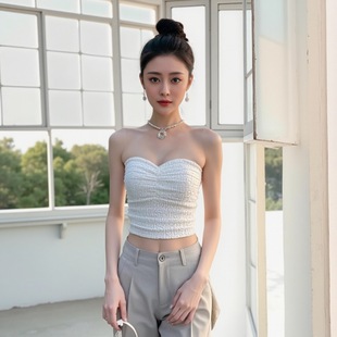 小个子白色露肩抹胸背心女纯欲辣妹性感风修身显瘦褶皱短小上衣
