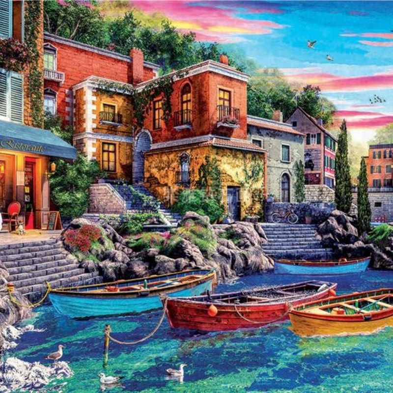 DIY方钻满钻钻石画海边港湾船B舶餐厅科莫湖日落手工粘贴钻十字绣