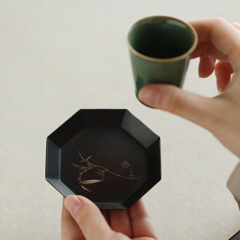 古歌元作茶具纯铜器八方角茶杯垫錾刻竹子图家用R隔热杯托功夫茶
