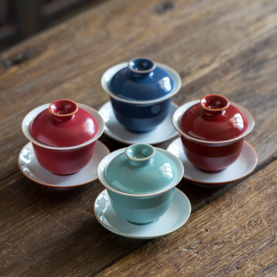 三点水 霁蓝盖碗 霁红手抓碗 z豆青三才茶杯 胭脂红泡茶碗功夫茶