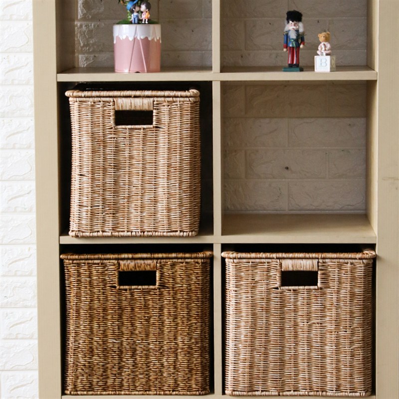 塑胶藤编收纳筐带盖 家用橱柜置物框大号 柜子衣帽间收纳箱储物篮