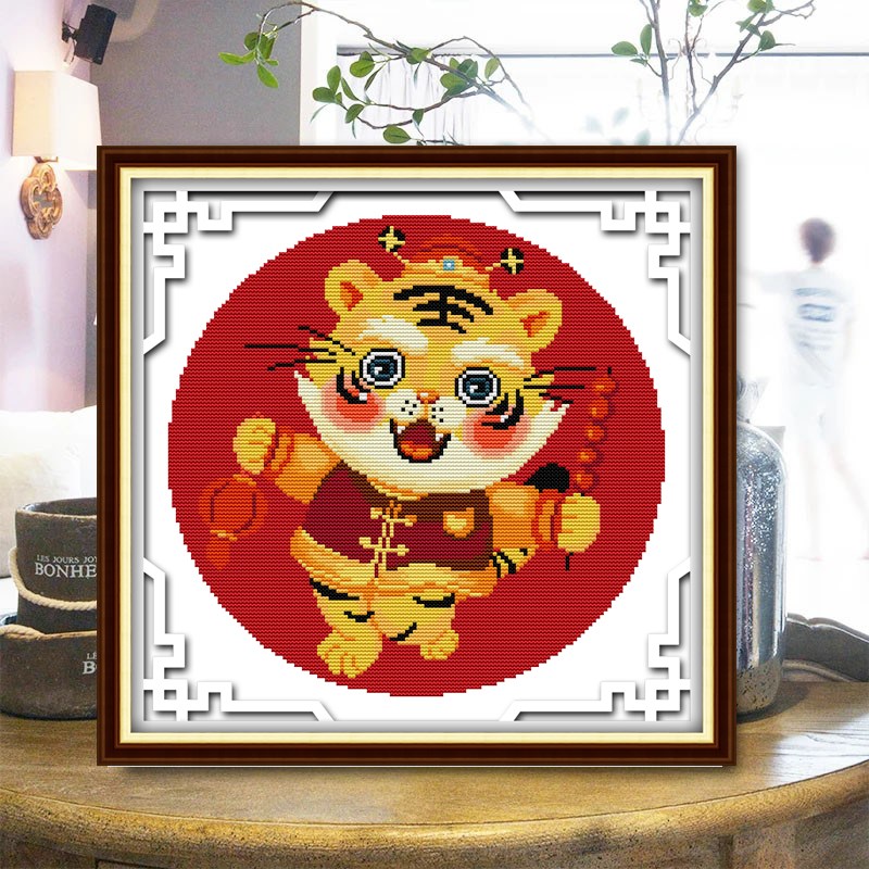 新款十字绣印花卡通老虎动物客厅卧室挂画小件简单款手工刺绣线绣