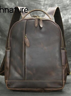 Johnature Crazy Horse Leather Men BGackpack 2020 New Vintage
