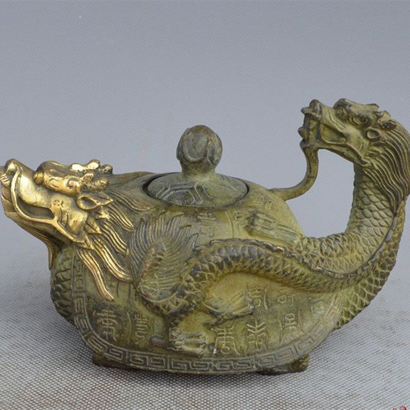 古玩古代老铜壶仿古茶壶黄铜纯铜茶具功夫茶壶S龙龟壶鎏金龙凤壶